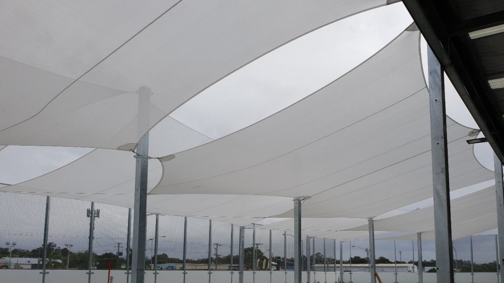 Shade sails designed, constructed, and installed by Versatile Structures for Bunnings Underwood