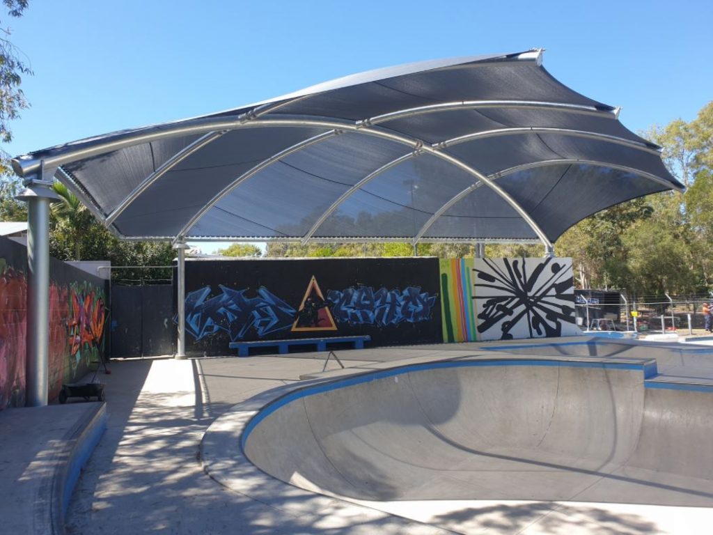 A robust, waterproof shade structure specifically designed for Noosa Skate Park