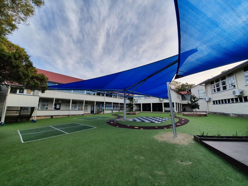 Shade sails at Carina State School offer good protection from the sun as the fabrics used are coated with UV protective elements.