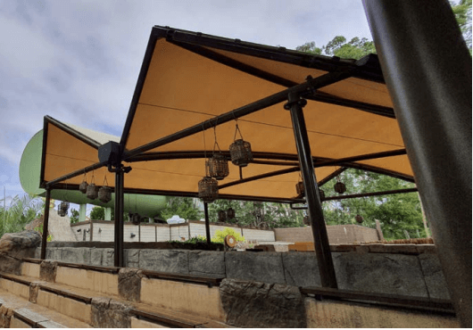 Intricate roof shade design that represents a Sumatran house for Dreamworld Tiger Island designed, manufactured, and installed by Versatile Structures.