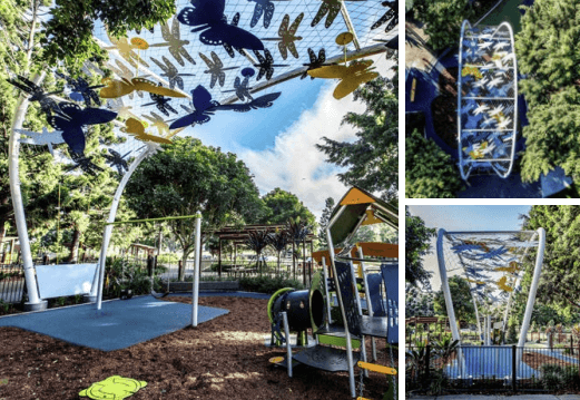 A unique curved steel frame sporting a collage of aluminium butterflies and dragonflies for Pine Rivers Park designed, manufactured, and installed by Versatile Structures.