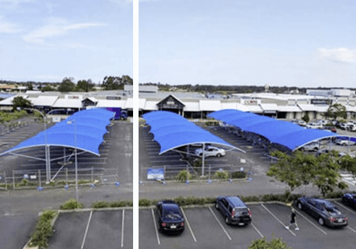 An end-to-end solution including the design, certification, geotechnical investigations, site survey and building approvals by Versatile Structures for a 1,485m2 custom car park shade structures at Pelican Waters Shopping Village
