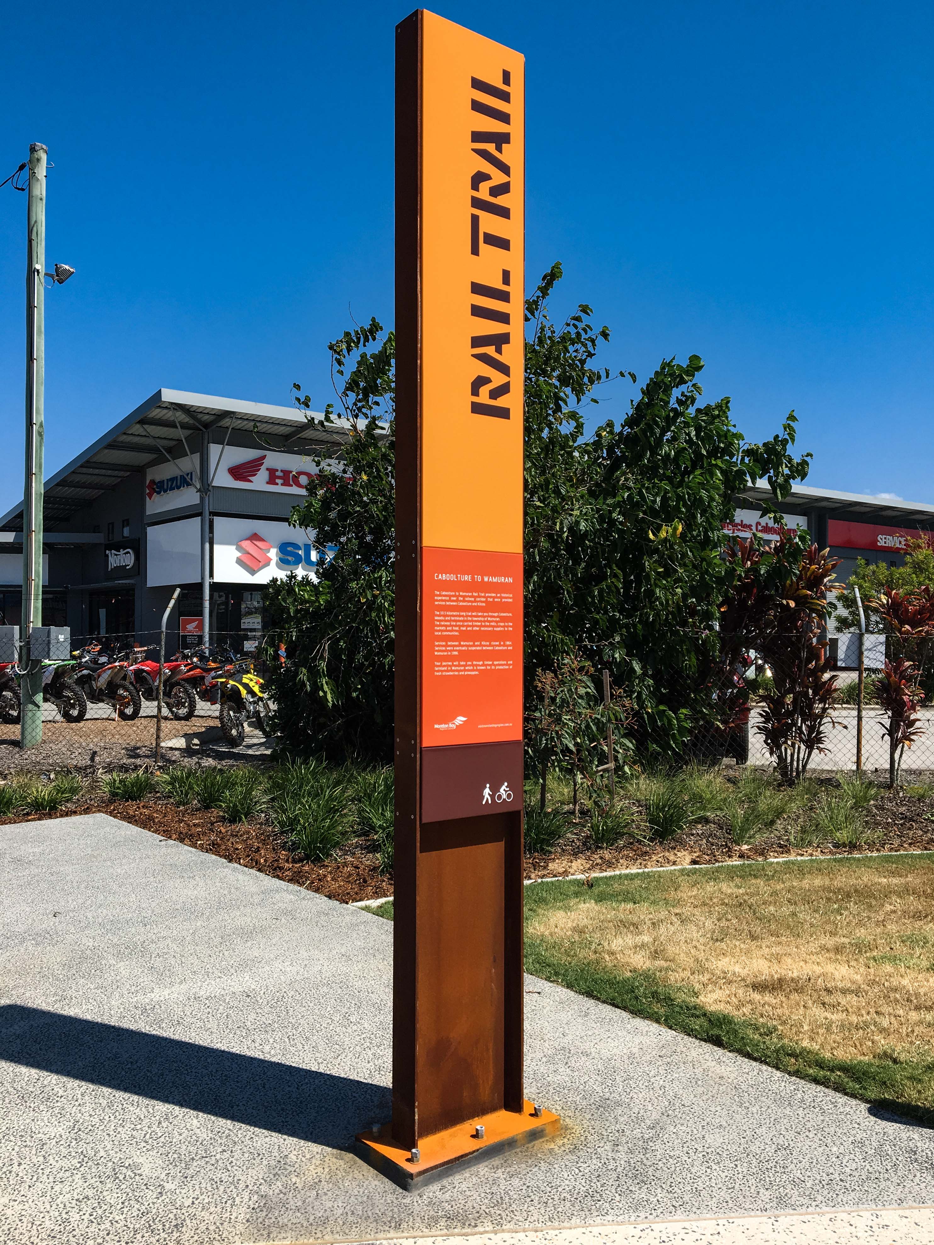 Informational signage for Caboolture to Wamuran Rail Trail designed, manufactured, and installed by Versatile Structures