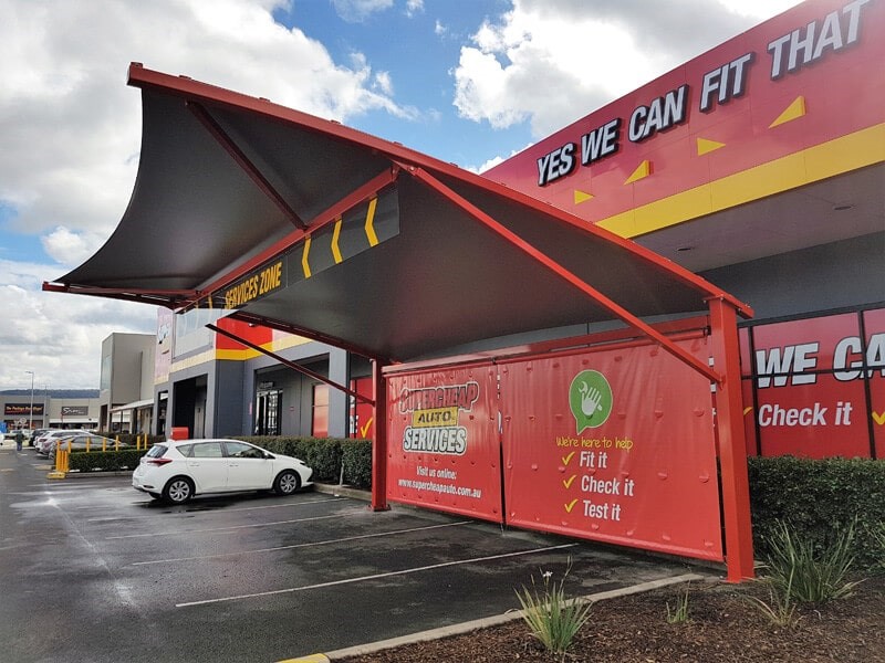 Shade sails installed by Versatile Structures for Supercheap Auto
