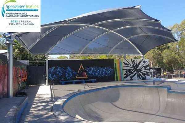 Sunshine skate park shade structure installed by Versatile Structures