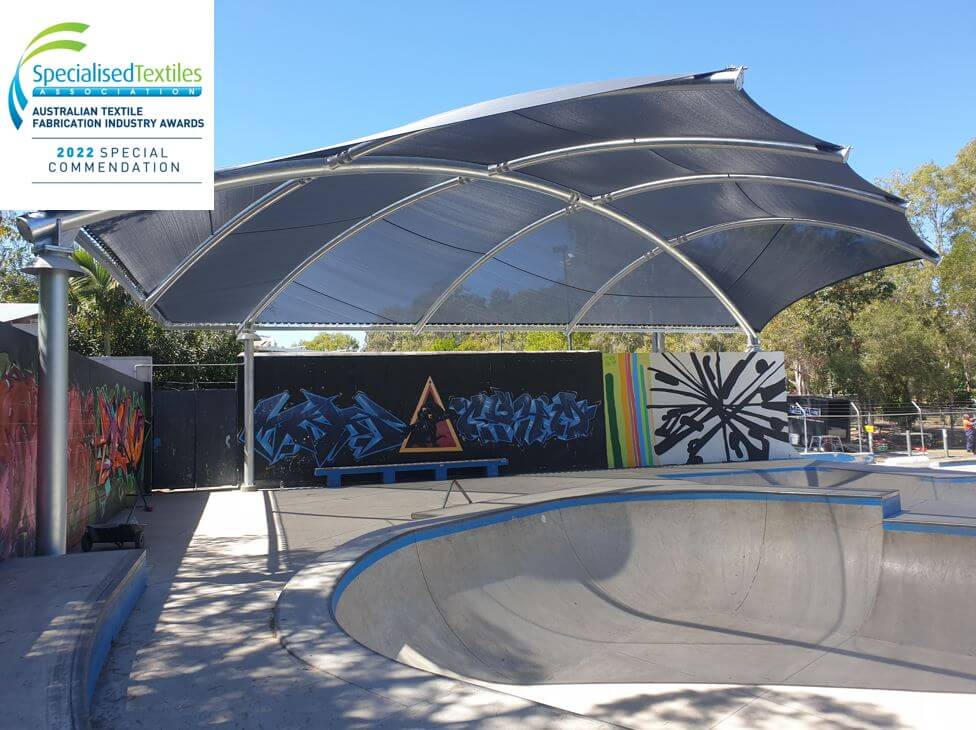 Sunshine skate park shade structure installed by Versatile Structures