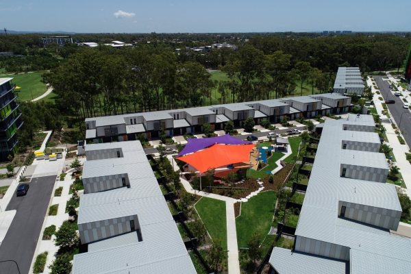 Custom fabric shade structure installed for Commonwealth Games Village by Versatile Structures