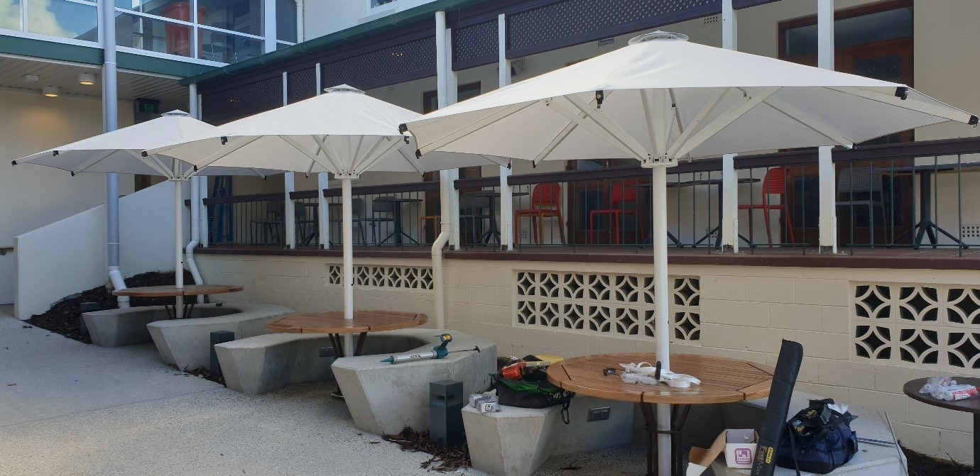 waterproof umbrellas installed for St Rita’s College by Versatile Structures 