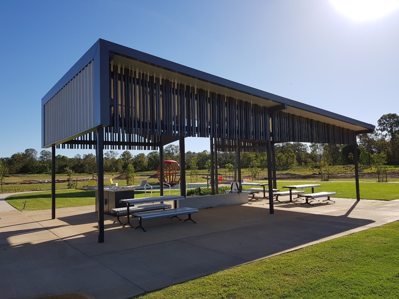 Custom shade structure installed for Ripley Sports Park by Versatile Structures
