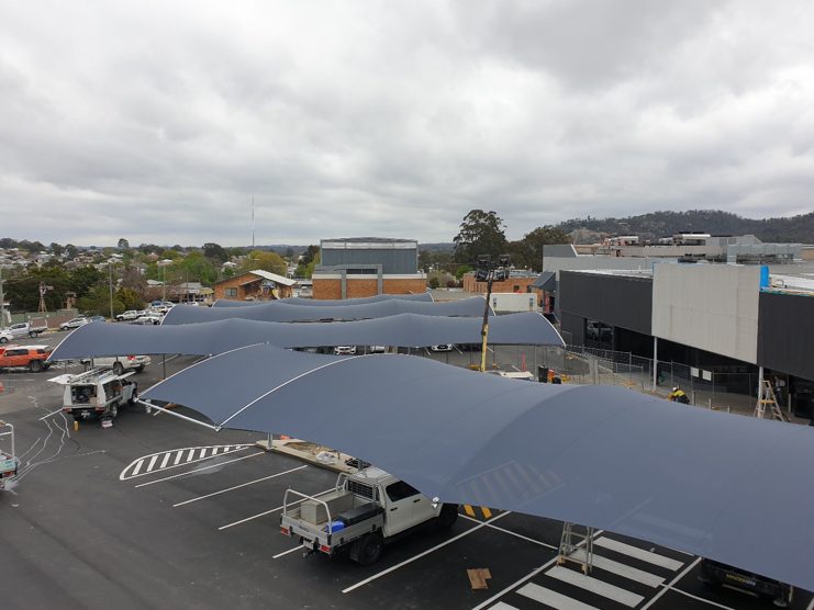 Carpark shade structure installed by Versatile Structures for Stanford Plaza