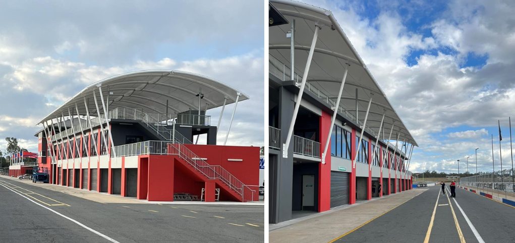 Waterproof shade structure installed by Versatile Structures for Queensland Raceway