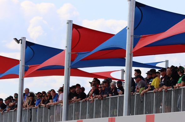 Waterproof shade structure installed by Versatile Structures for Queensland Raceway