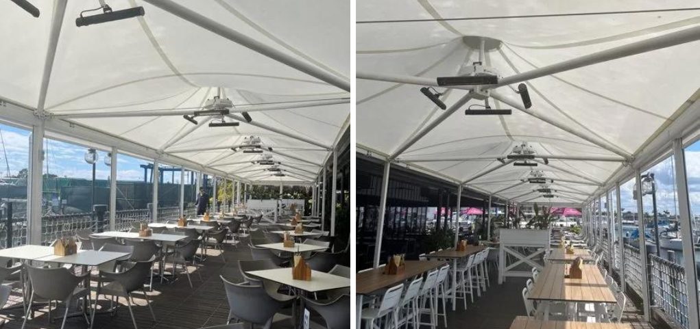 Commercial umbrella shade structure at the Kawana Waters Hotel installed by Versatile Structures