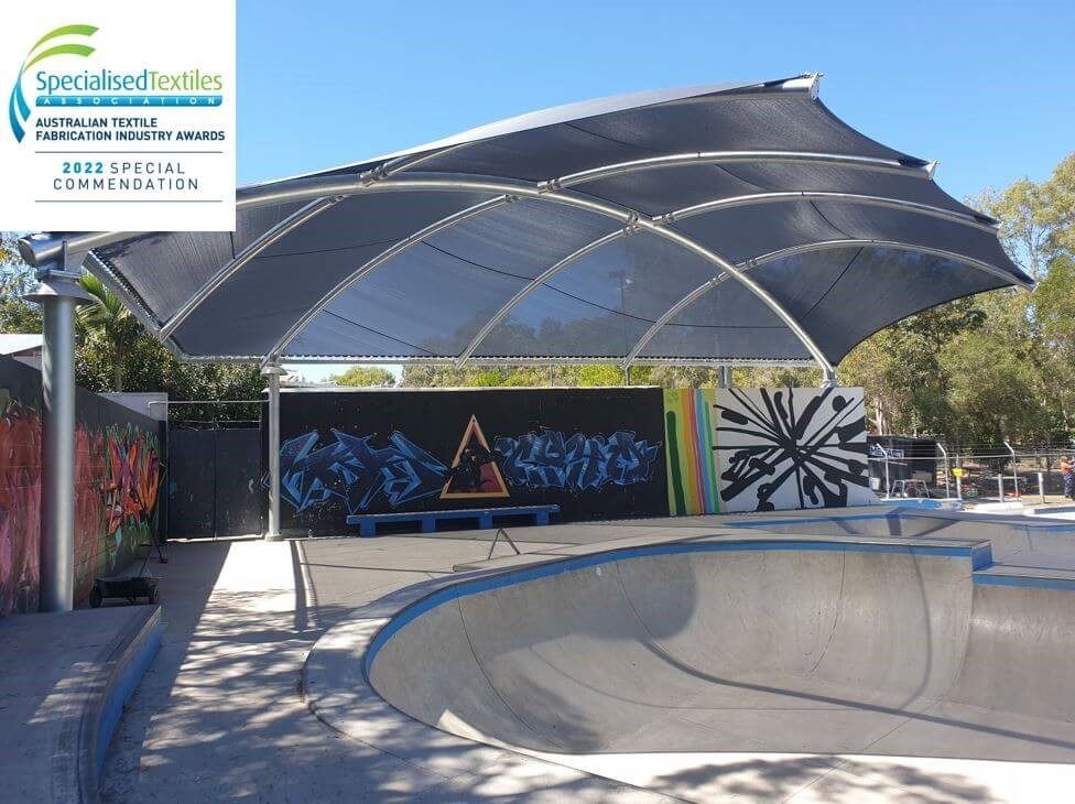 Award winning skate park shade structure installed by Versatile Structures