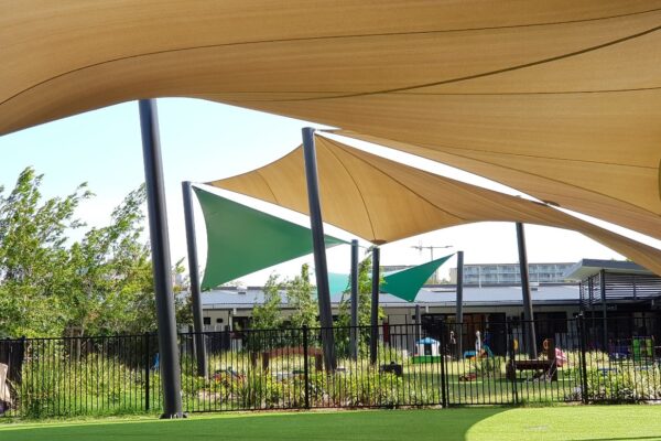 Commercial shade structure installed by Versatile Structures